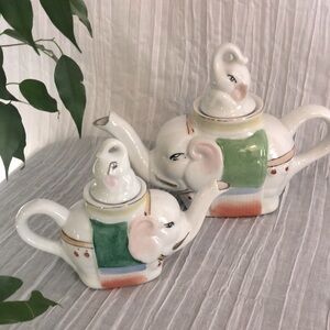 Pier 1 Elephant Teapot Set - White, Green, and Pink